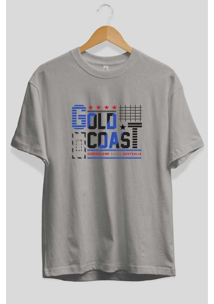 Gold Coast Ön Baskılı Gri Oversize T-Shirt Unisex Erkek Kadın Bisiklet Yaka fiyatları