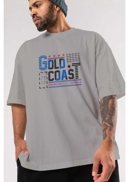 Gold Coast Ön Baskılı Gri Oversize T-Shirt Unisex Erkek Kadın Bisiklet Yaka modelleri