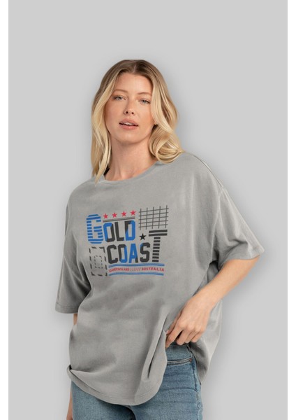 Gold Coast Ön Baskılı Gri Oversize T-Shirt Unisex Erkek Kadın Bisiklet Yaka fırsatları