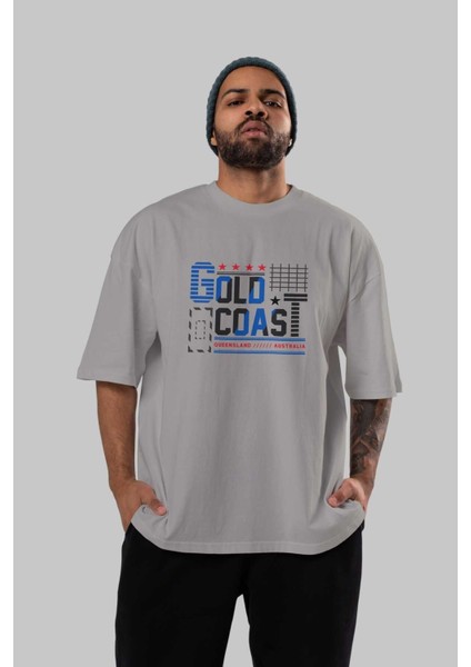 Gold Coast Ön Baskılı Gri Oversize T-Shirt Unisex Erkek Kadın Bisiklet Yaka indirimleri