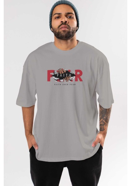 Faith Over Fear Ön Baskılı Gri Oversize T-Shirt Unisex Erkek Kadın Bisiklet Yaka