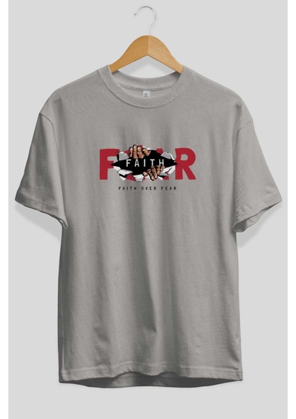 Faith Over Fear Ön Baskılı Gri Oversize T-Shirt Unisex Erkek Kadın Bisiklet Yaka fiyatları