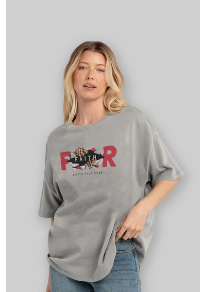 Faith Over Fear Ön Baskılı Gri Oversize T-Shirt Unisex Erkek Kadın Bisiklet Yaka fırsatları
