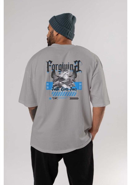 Faith Over Fear 2 Arka Baskılı Gri Oversize T-Shirt Unisex Erkek Kadın Bisiklet Yaka fırsatları