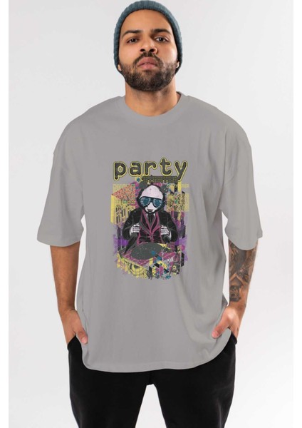 Party Starter Ön Baskılı Gri Oversize T-Shirt Unisex Erkek Kadın Bisiklet Yaka