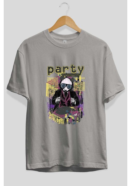 Party Starter Ön Baskılı Gri Oversize T-Shirt Unisex Erkek Kadın Bisiklet Yaka fiyatları
