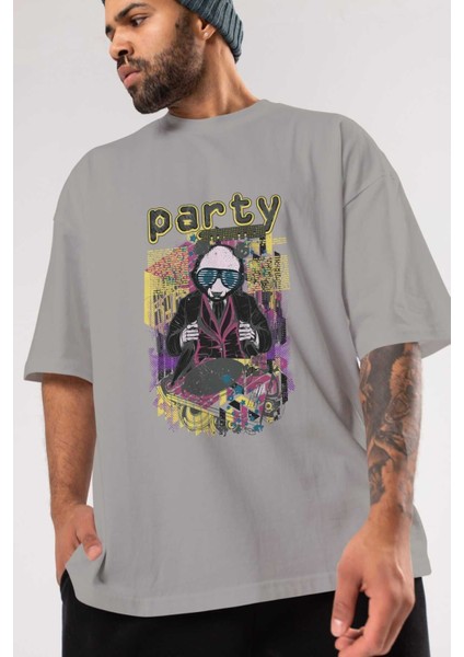 Party Starter Ön Baskılı Gri Oversize T-Shirt Unisex Erkek Kadın Bisiklet Yaka modelleri