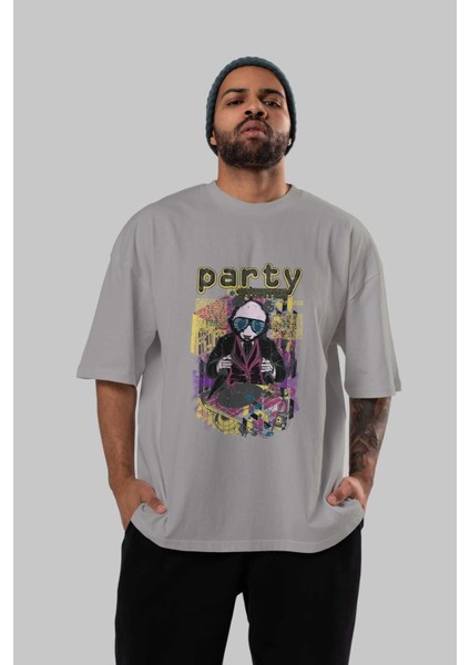 Party Starter Ön Baskılı Gri Oversize T-Shirt Unisex Erkek Kadın Bisiklet Yaka indirimleri