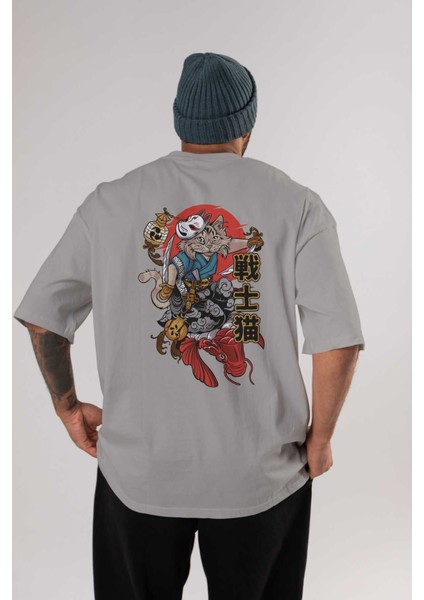 Trıbal (2) Anime Arka Baskılı Gri Oversize T-Shirt %100 Pamuk Erkek Kadın