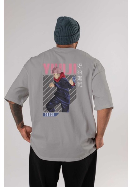 Yuuji Itadori Anime Arka Baskılı Gri Oversize T-Shirt %100 Pamuk Erkek Kadın
