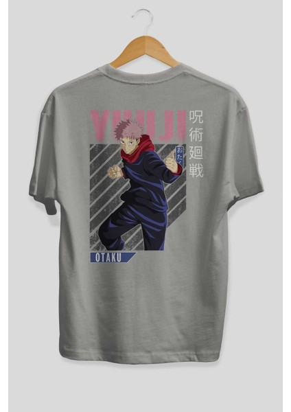 Yuuji Itadori Anime Arka Baskılı Gri Oversize T-Shirt %100 Pamuk Erkek Kadın fiyatları