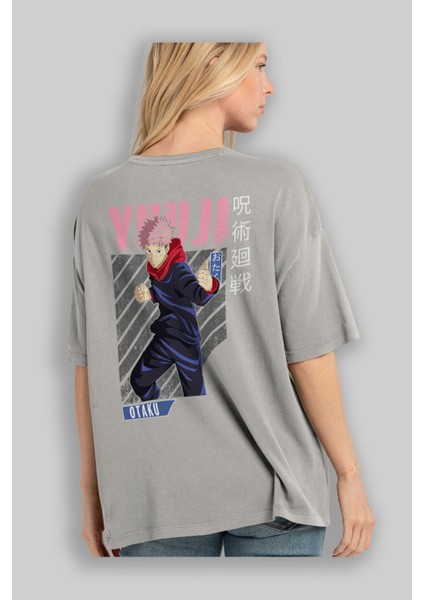 Yuuji Itadori Anime Arka Baskılı Gri Oversize T-Shirt %100 Pamuk Erkek Kadın modelleri