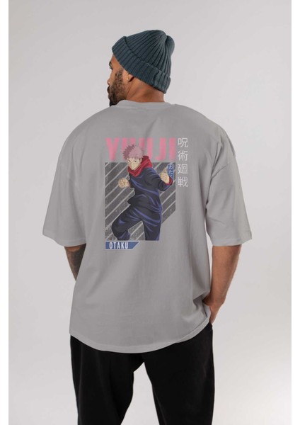 Yuuji Itadori Anime Arka Baskılı Gri Oversize T-Shirt %100 Pamuk Erkek Kadın fırsatları