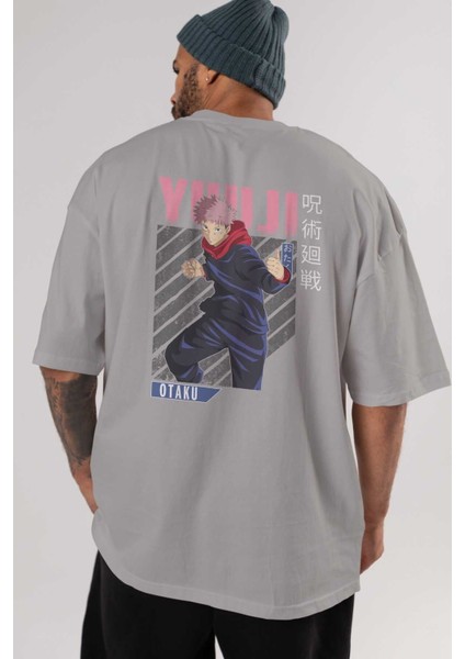 Yuuji Itadori Anime Arka Baskılı Gri Oversize T-Shirt %100 Pamuk Erkek Kadın indirimleri