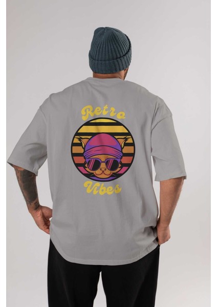 Cat Retro Vibes Arka Baskılı Gri Oversize T-Shirt Unisex Erkek Kadın Bisiklet Yaka