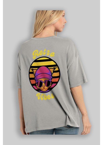 Cat Retro Vibes Arka Baskılı Gri Oversize T-Shirt Unisex Erkek Kadın Bisiklet Yaka modelleri