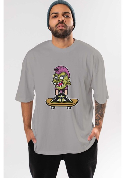 Zombie Punk Skater Ön Baskılı Gri Oversize T-Shirt Unisex Erkek Kadın Bisiklet Yaka