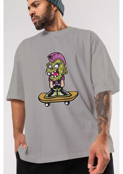 Zombie Punk Skater Ön Baskılı Gri Oversize T-Shirt Unisex Erkek Kadın Bisiklet Yaka modelleri