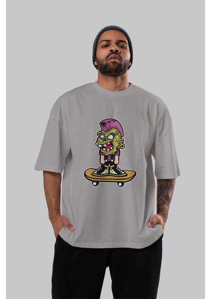 Zombie Punk Skater Ön Baskılı Gri Oversize T-Shirt Unisex Erkek Kadın Bisiklet Yaka indirimleri