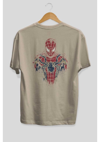 Spiderman (9) Arka Baskılı Bej Oversize T-Shirt Bisiklet Yaka Pamuk Erkek Kadın fiyatları