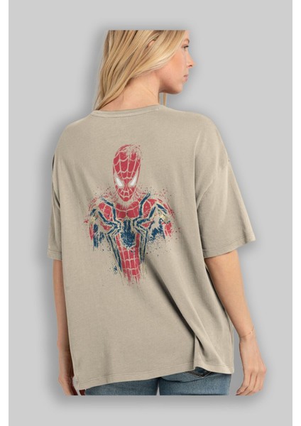 Spiderman (9) Arka Baskılı Bej Oversize T-Shirt Bisiklet Yaka Pamuk Erkek Kadın modelleri