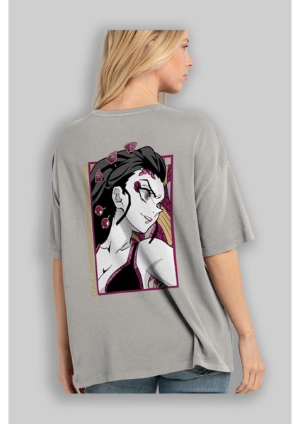 Daki Demıon Slayer Anime Arka Baskılı Gri Oversize T-Shirt %100 Pamuk Erkek Kadın modelleri