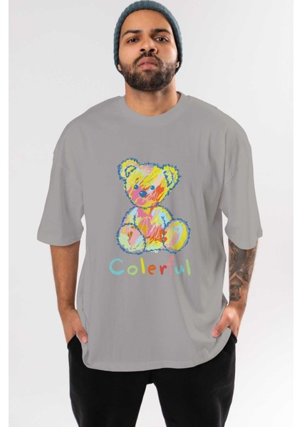 Colerful Bear Ön Baskılı Gri Oversize T-Shirt Unisex Erkek Kadın Bisiklet Yaka