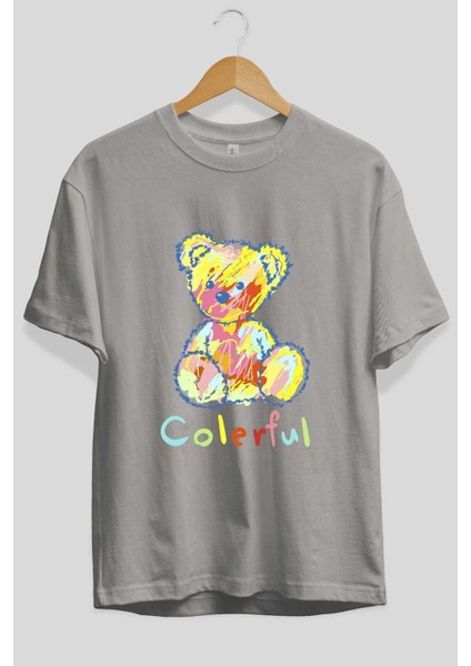 Colerful Bear Ön Baskılı Gri Oversize T-Shirt Unisex Erkek Kadın Bisiklet Yaka fiyatları
