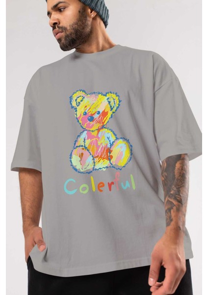 Colerful Bear Ön Baskılı Gri Oversize T-Shirt Unisex Erkek Kadın Bisiklet Yaka modelleri