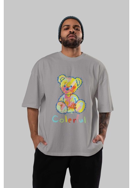 Colerful Bear Ön Baskılı Gri Oversize T-Shirt Unisex Erkek Kadın Bisiklet Yaka indirimleri