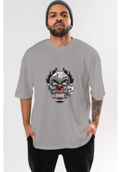 Clown Horror Ön Baskılı Gri Oversize T-Shirt Unisex Erkek Kadın Bisiklet Yaka