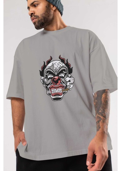 Clown Horror Ön Baskılı Gri Oversize T-Shirt Unisex Erkek Kadın Bisiklet Yaka modelleri