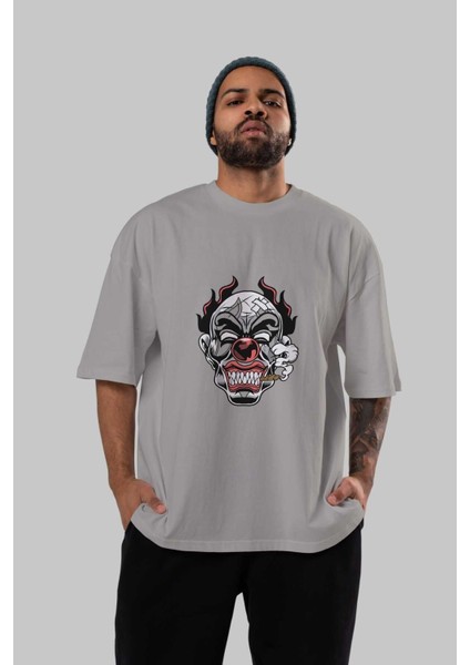 Clown Horror Ön Baskılı Gri Oversize T-Shirt Unisex Erkek Kadın Bisiklet Yaka indirimleri