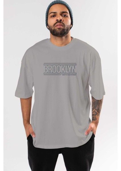 Brooklyn Ön Baskılı Gri Oversize T-Shirt Unisex Erkek Kadın Bisiklet Yaka