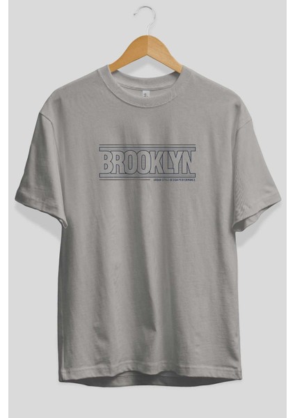 Brooklyn Ön Baskılı Gri Oversize T-Shirt Unisex Erkek Kadın Bisiklet Yaka fiyatları