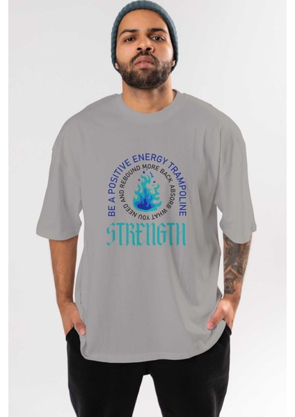 Positive Energy Ön Baskılı Gri Oversize T-Shirt Unisex Erkek Kadın Bisiklet Yaka