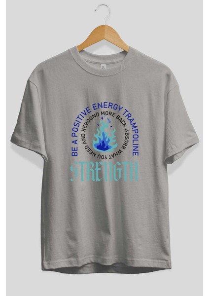 Positive Energy Ön Baskılı Gri Oversize T-Shirt Unisex Erkek Kadın Bisiklet Yaka fiyatları