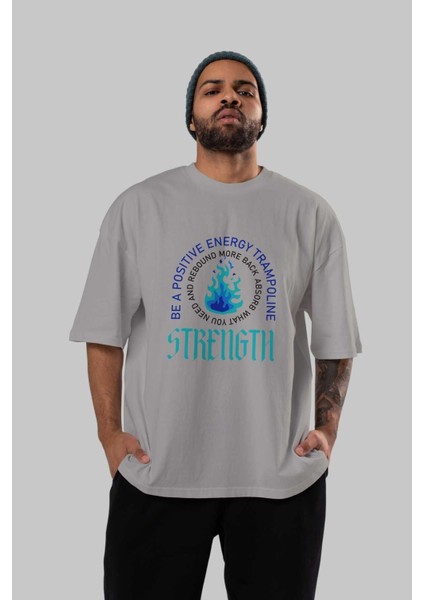 Positive Energy Ön Baskılı Gri Oversize T-Shirt Unisex Erkek Kadın Bisiklet Yaka indirimleri