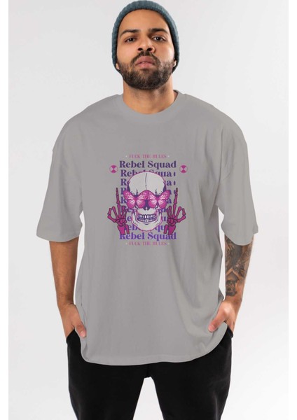 Rebel Squad Ön Baskılı Gri Oversize T-Shirt Unisex Erkek Kadın Bisiklet Yaka