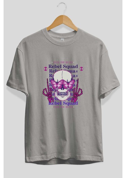 Rebel Squad Ön Baskılı Gri Oversize T-Shirt Unisex Erkek Kadın Bisiklet Yaka fiyatları