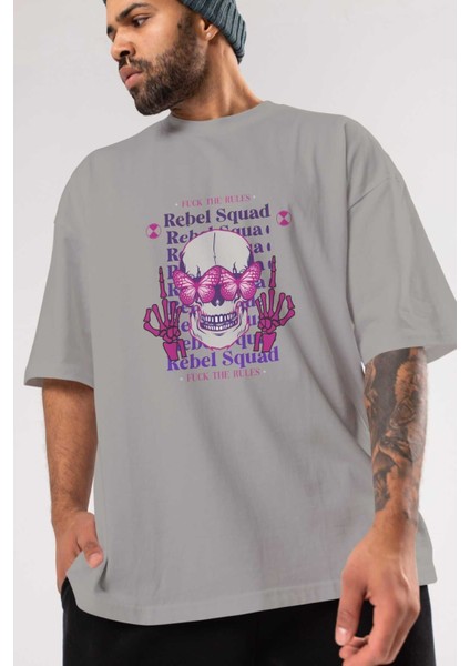 Rebel Squad Ön Baskılı Gri Oversize T-Shirt Unisex Erkek Kadın Bisiklet Yaka modelleri