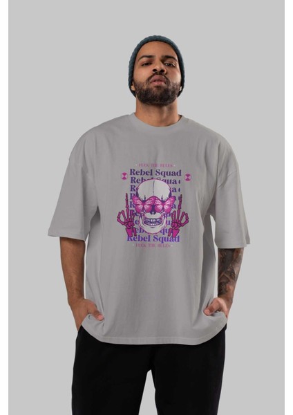 Rebel Squad Ön Baskılı Gri Oversize T-Shirt Unisex Erkek Kadın Bisiklet Yaka indirimleri