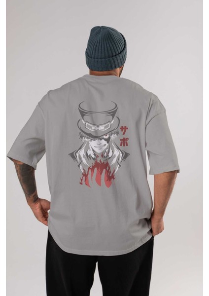 Saboonepiece Anime Arka Baskılı Gri Oversize T-Shirt %100 Pamuk Erkek Kadın