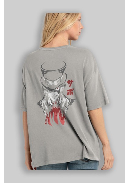Saboonepiece Anime Arka Baskılı Gri Oversize T-Shirt %100 Pamuk Erkek Kadın modelleri