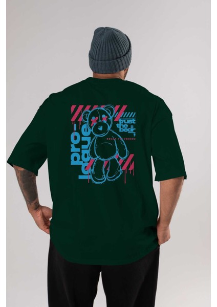 Trust The Bear Arka Baskılı Zümrüt Yeşili Oversize T-Shirt Erkek Kadın Bisiklet Yaka