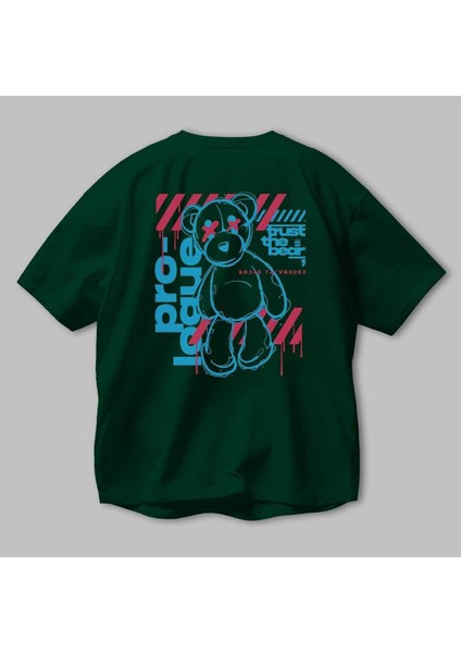Trust The Bear Arka Baskılı Zümrüt Yeşili Oversize T-Shirt Erkek Kadın Bisiklet Yaka modelleri