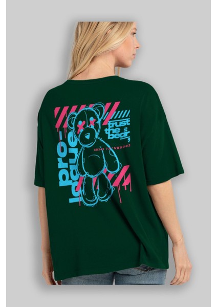 Trust The Bear Arka Baskılı Zümrüt Yeşili Oversize T-Shirt Erkek Kadın Bisiklet Yaka fırsatları