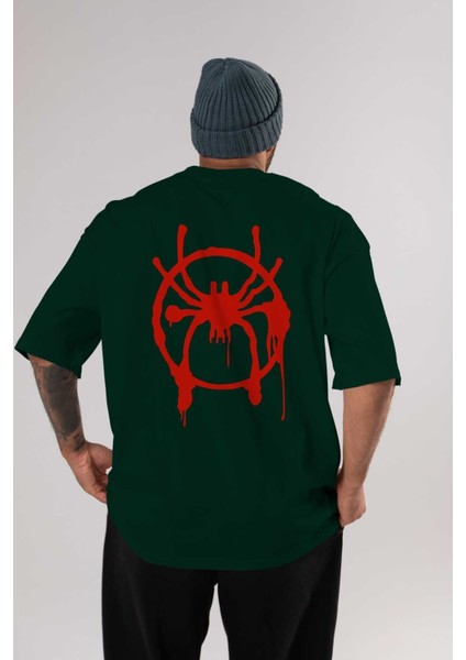 Spiderman (32) Arka Baskılı Zümrüt Yeşili Oversize T-Shirt Bisiklet Yaka Erkek Kadın