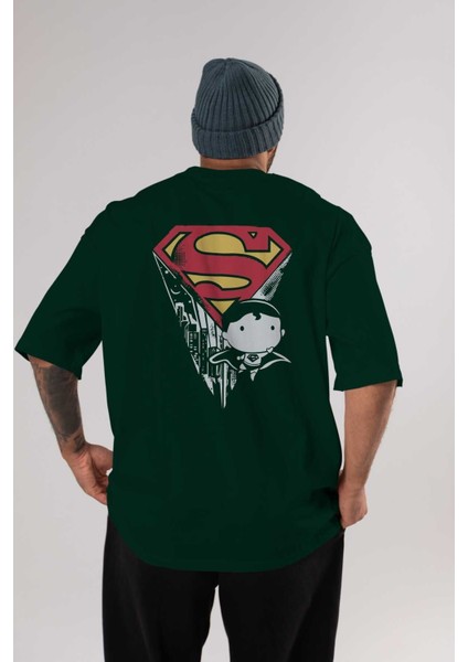 Superman Arka Baskılı Zümrüt Yeşili Oversize T-Shirt Bisiklet Yaka Erkek Kadın