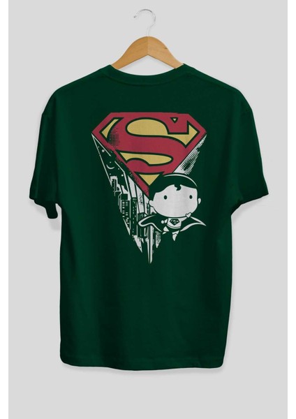 Superman Arka Baskılı Zümrüt Yeşili Oversize T-Shirt Bisiklet Yaka Erkek Kadın fiyatları